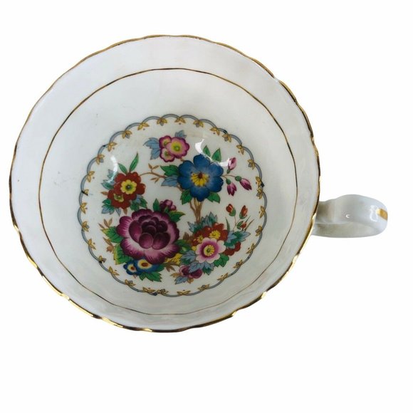 Aynsley Tea Cup & Saucer Floral Blue Burgundy Bone China Footed Scallop Gold - Picture 3 of 11